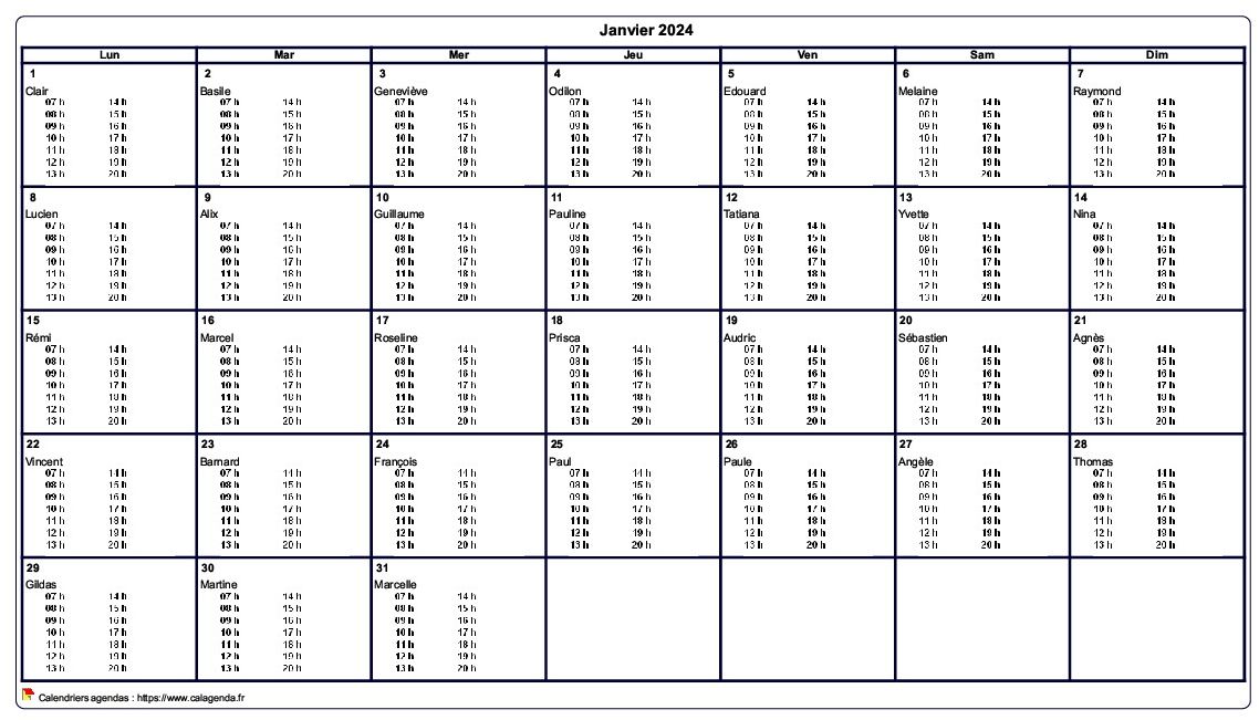 Calendrier mensuel 2024 à imprimer vierge, avec les horaires dans chaque case Calendrier mensuel 2024 à imprimer vierge, avec les horaires dans chaque case