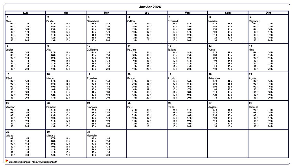 Calendrier mensuel à imprimer vierge, avec les horaires dans chaque case