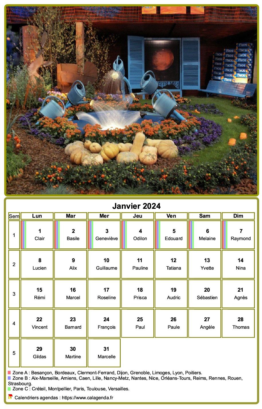 Calendrier à imprimer, mensuel, avec photographie au dessus