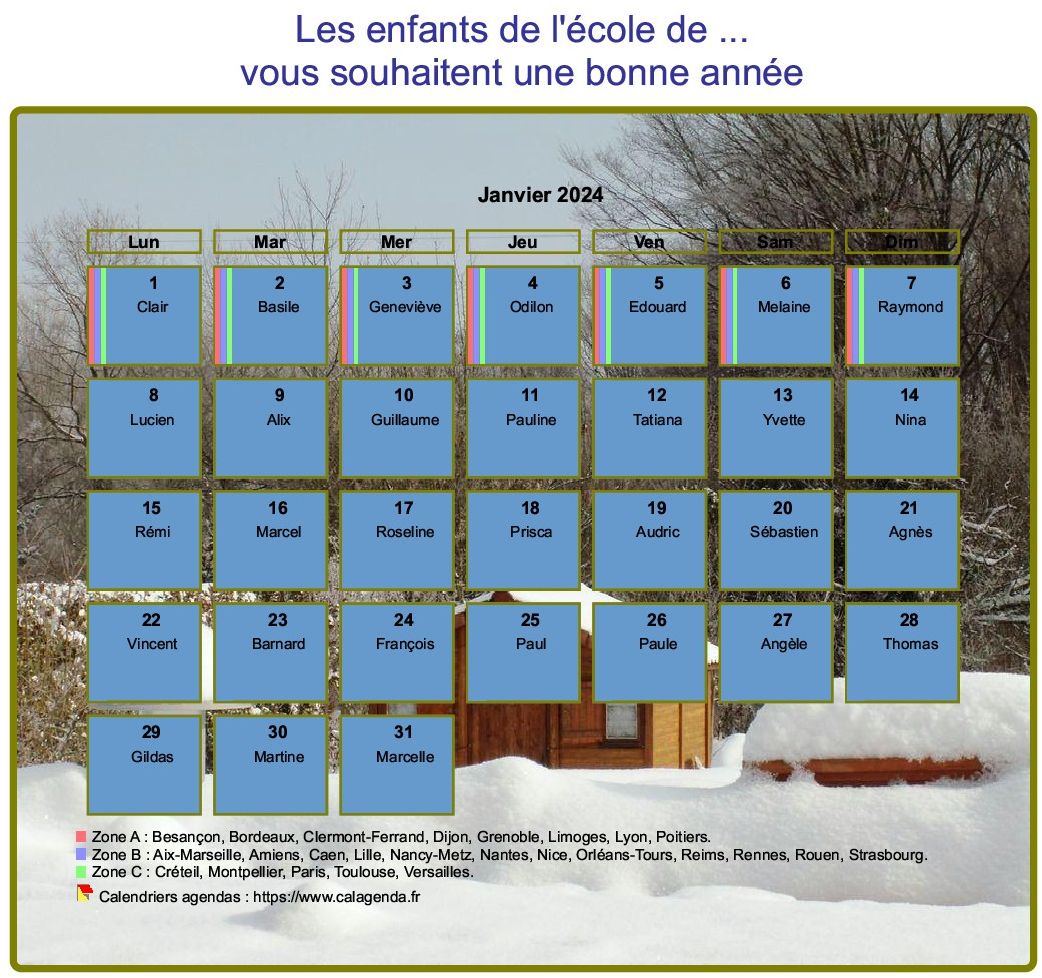 Calendrier 2024 agenda mensuel artistique avec photo et légende, paysage hivernal