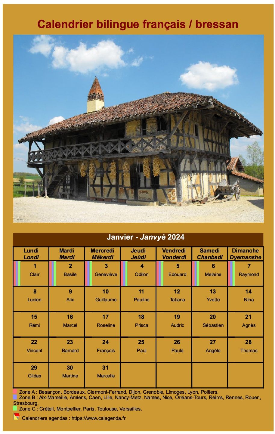 Calendrier mensuel en patois bressan