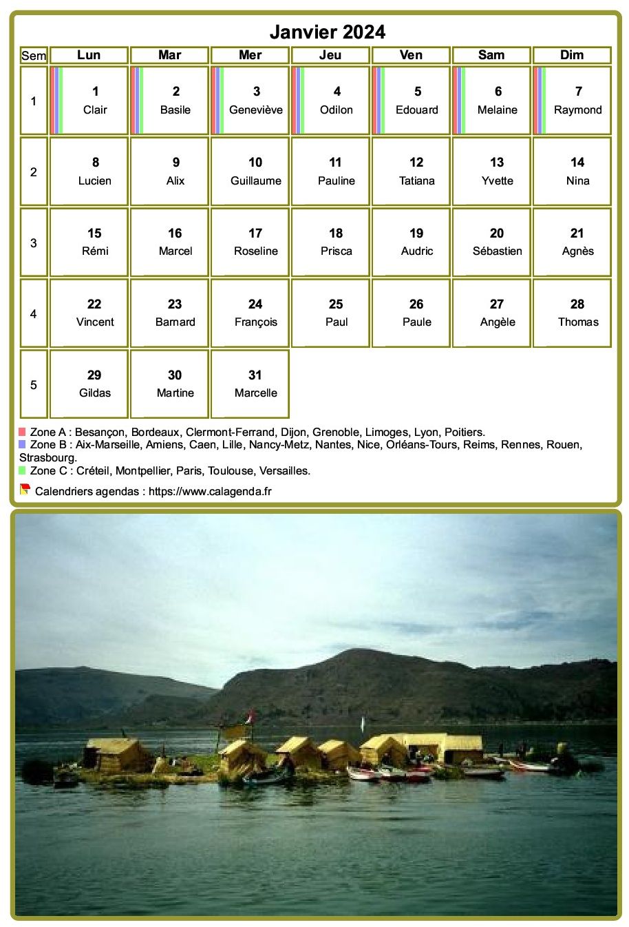 Calendrier mensuel, tableau avec photo