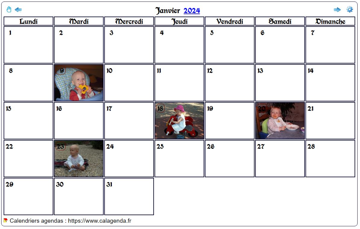 Calendrier mensuel 2024 avec photos d'anniversaires dans les cases