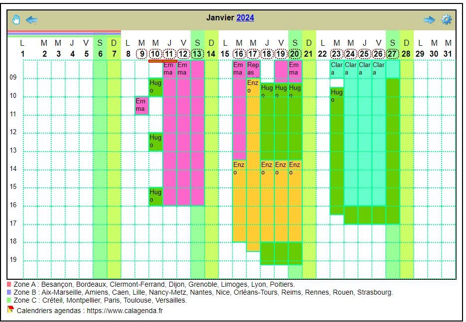 Calendrier planning horizontal mensuel avec la grille des horaires