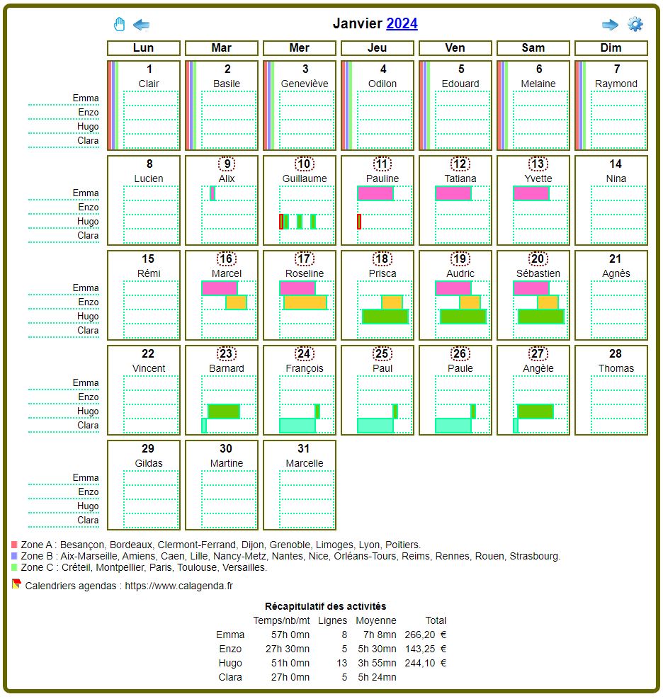 Calendrier planning mensuel détaillé Calendrier planning mensuel détaillé