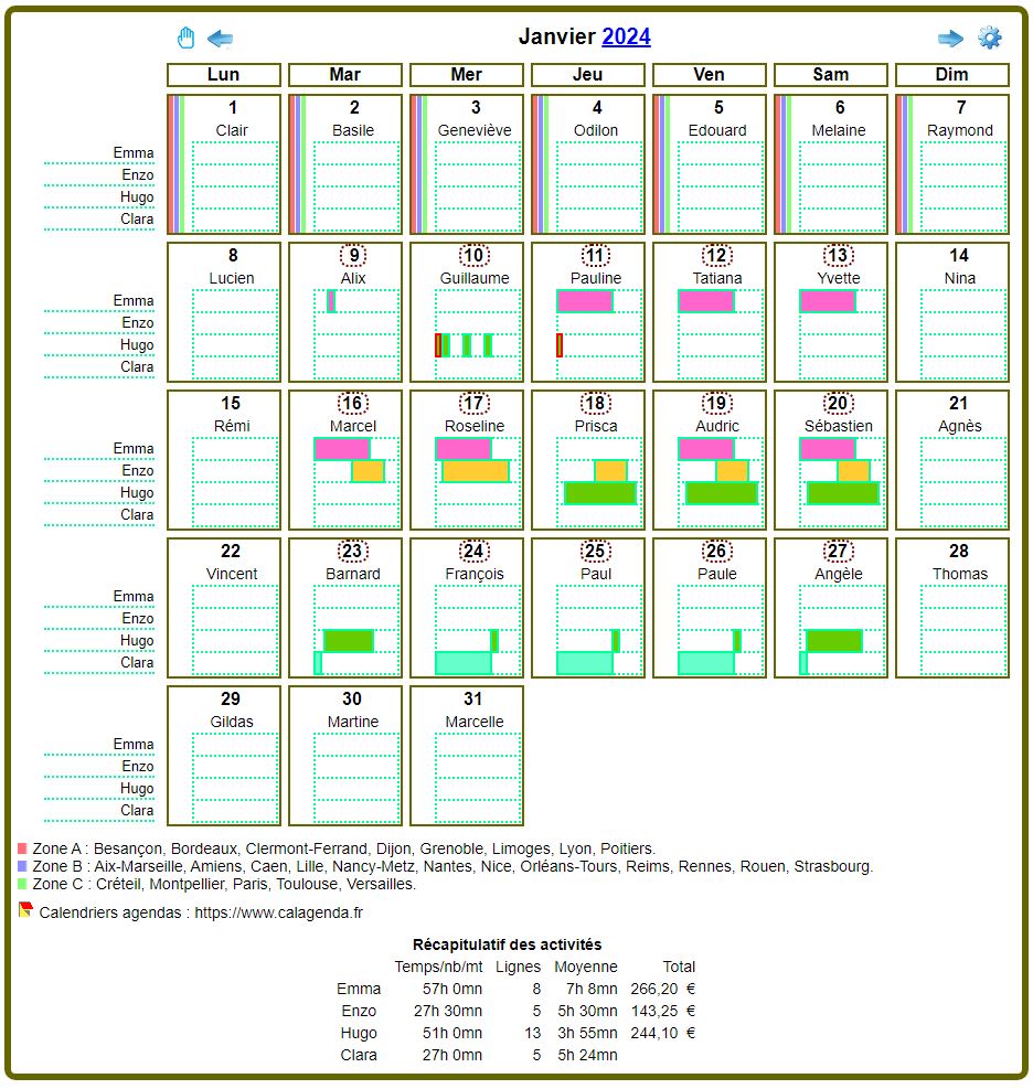 Calendrier planning mensuel détaillé