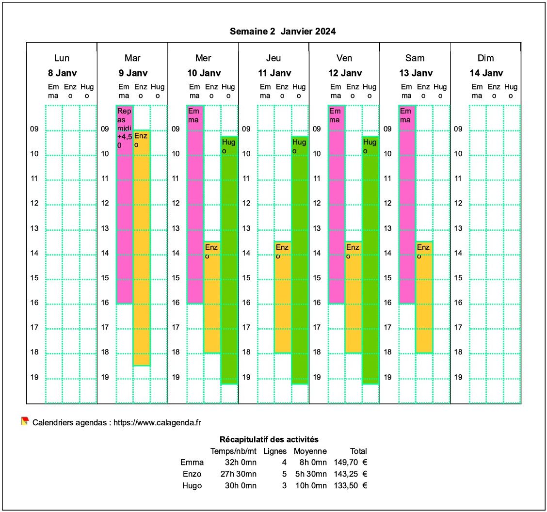 Planning assistante maternelle hebdomadaire horizontal