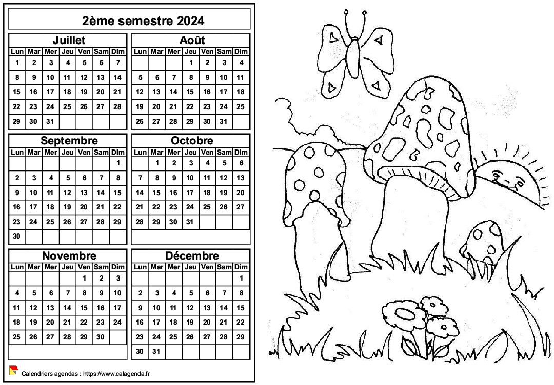 Calendrier 2024 à colorier semestriel, format paysage, pour enfants