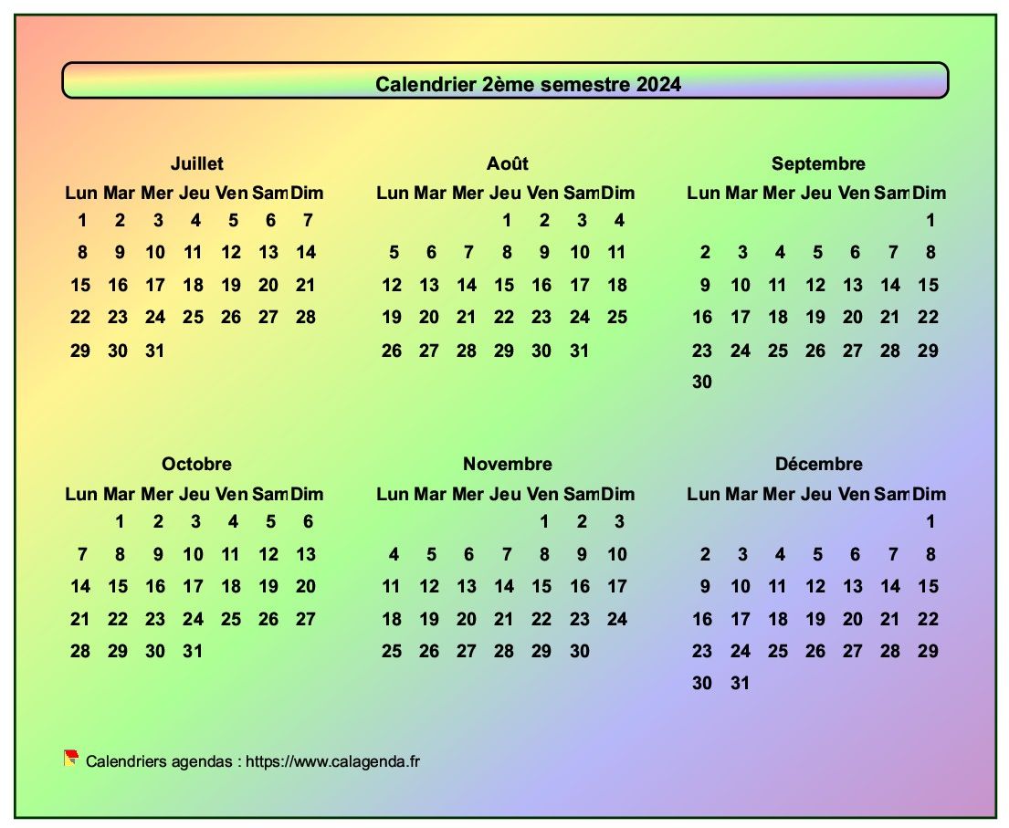 Calendrier 2024 semestriel style arc en ciel Calendrier 2024 semestriel style arc en ciel