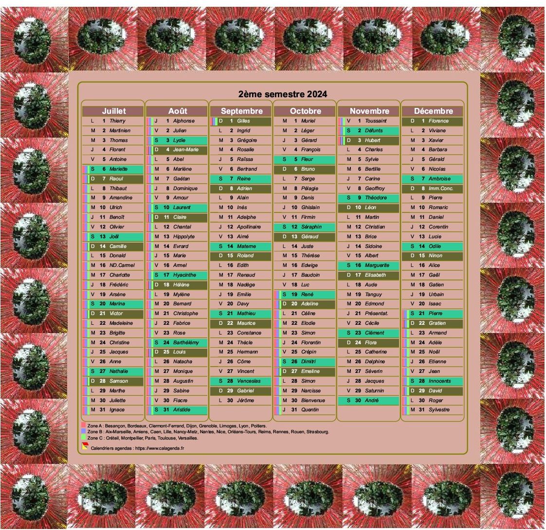 Calendrier 2024 semestriel décoratif à imprimer, avec cadre photo, format portrait, une colonne par mois