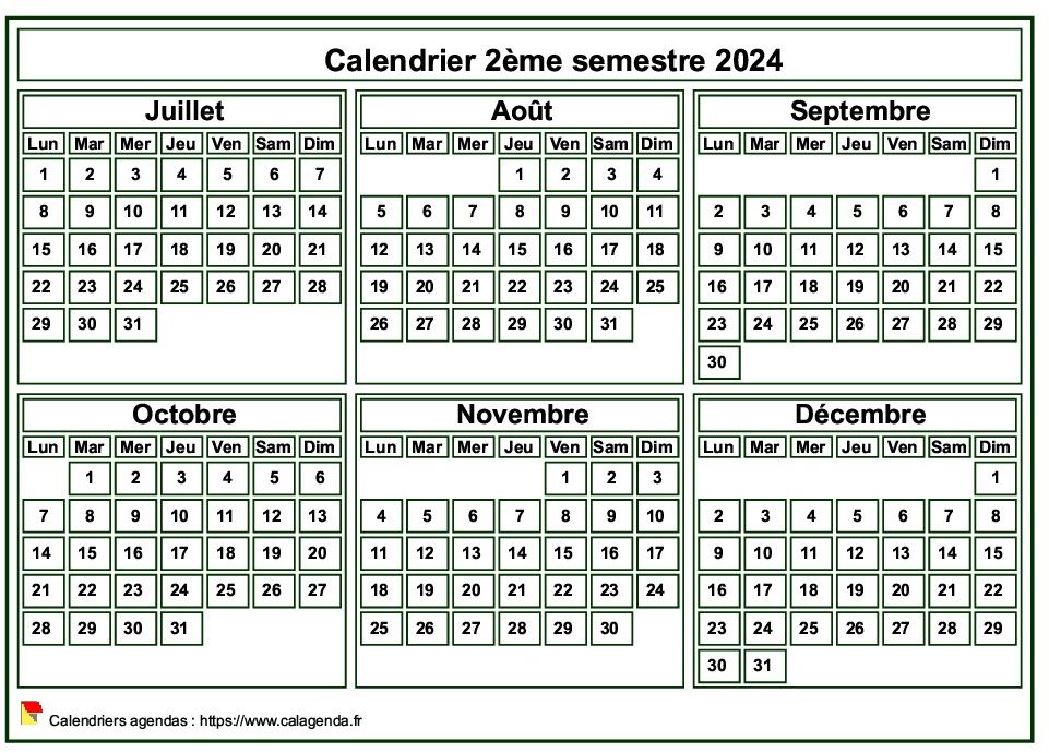 Calendrier 2024 à imprimer, semestriel, format mini de poche, fond blanc