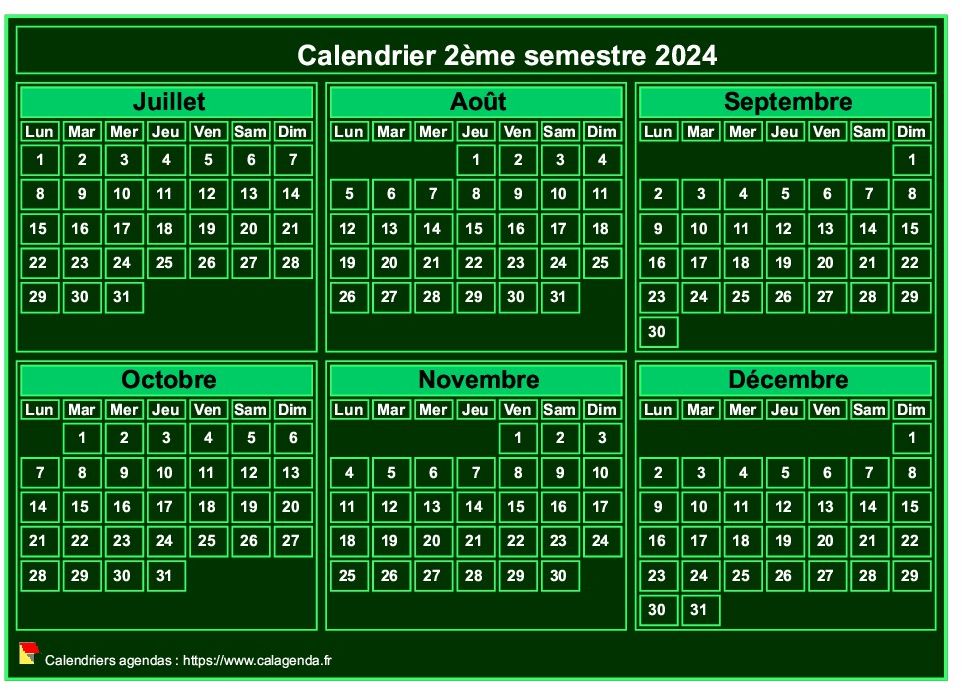 Calendrier 2024 à imprimer, semestriel, format mini de poche, fond vert