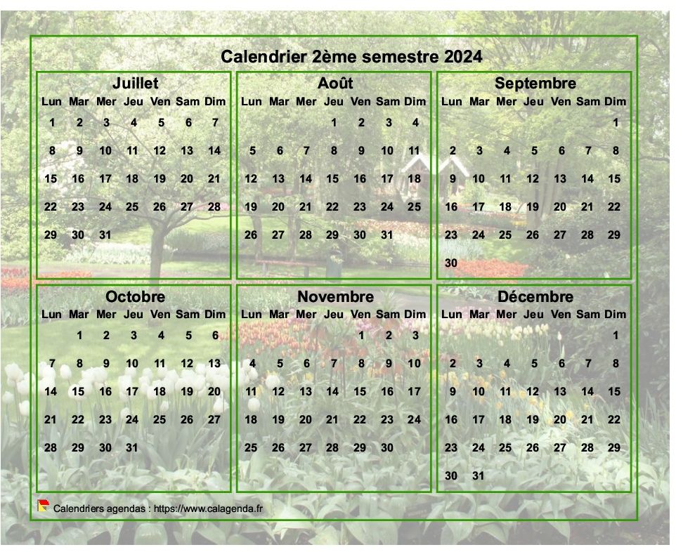 Calendrier 2024 à imprimer semestriel, format paysage, avec photo en fond de calendrier Calendrier 2024 à imprimer semestriel, format paysage, avec photo en fond de calendrier