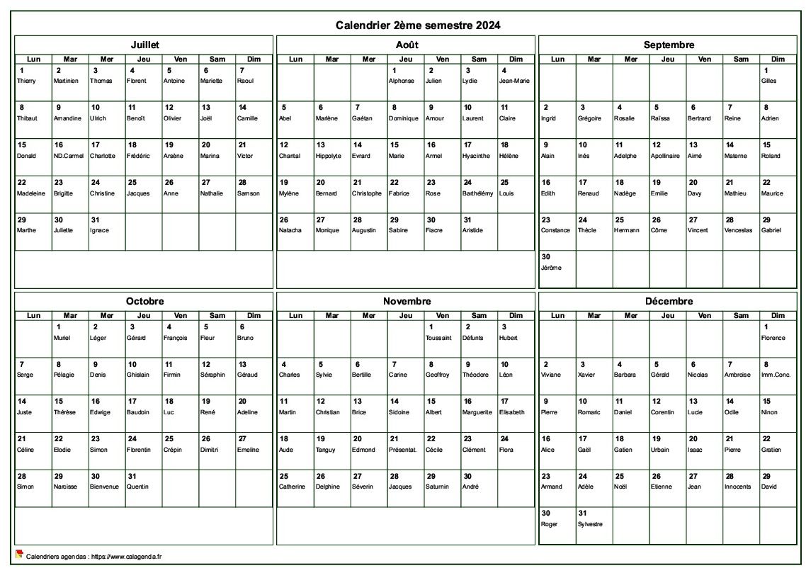 Calendrier 2024 à imprimer semestriel, format paysage, avec les fêtes