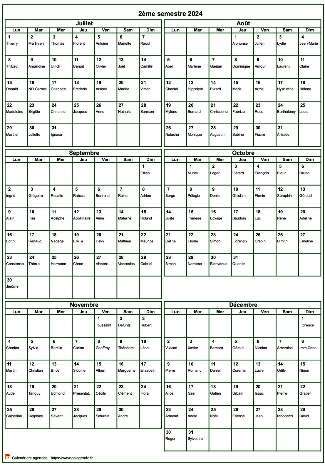 Calendrier 2024 à imprimer semestriel, format portrait, avec les fêtes