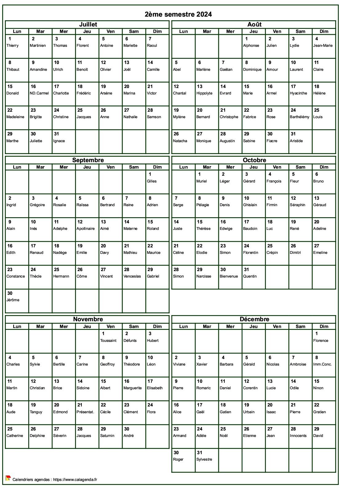 Calendrier 2024 à imprimer semestriel, format portrait, avec les fêtes