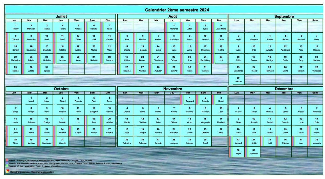 Calendrier 2024 à imprimer semestriel, format portrait, avec photo en fond de calendrier