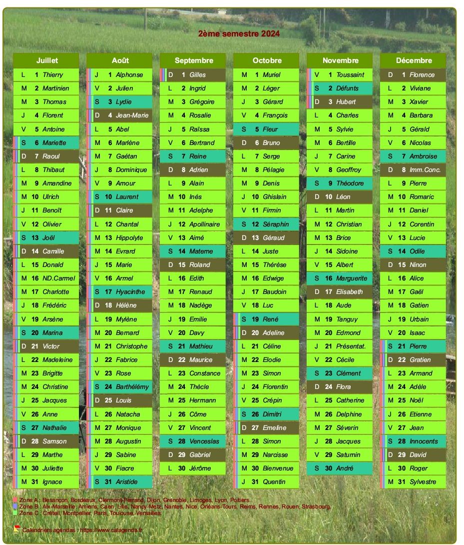 Calendrier 2024 semestriel décoratif avec agenda, format portrait, une colonne par mois Calendrier 2024 semestriel décoratif avec agenda, format portrait, une colonne par mois