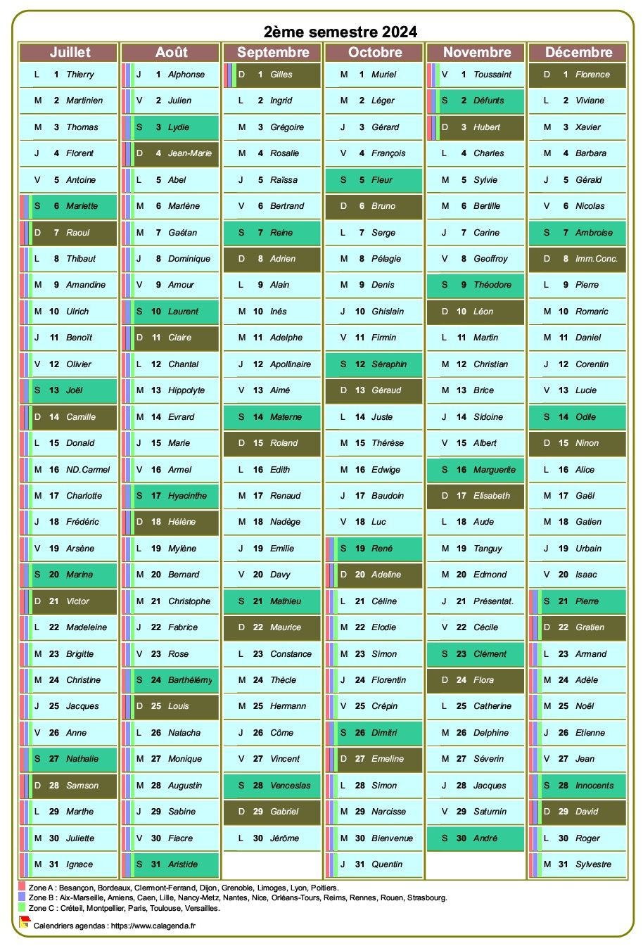 Modèle par défaut du calendrier agenda semestriel, une colonne par mois