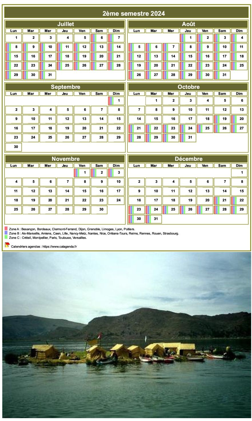 Modèle par défaut du calendrier agenda semestriel, 2 colonnes par 3 lignes