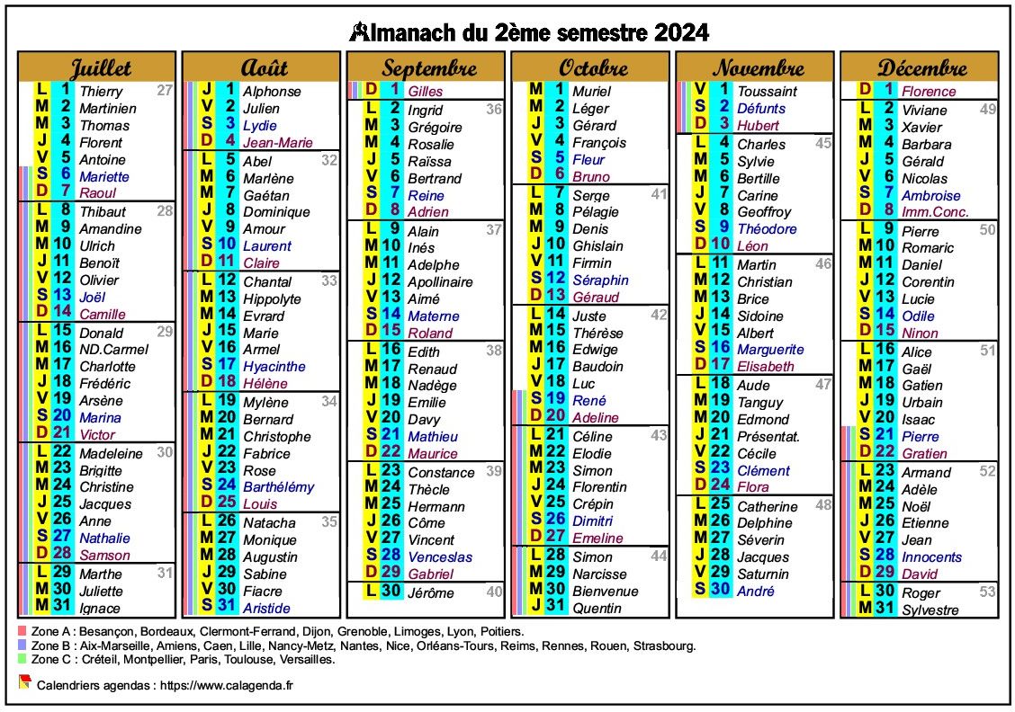 Calendrier 2024 semestriel six colonnes de format paysage