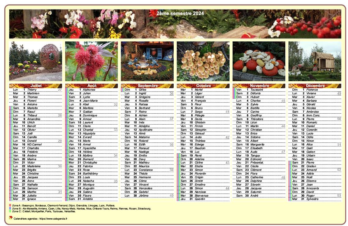 Calendrier 2024 semestriel en colonnes avec une photo différente chaque mois