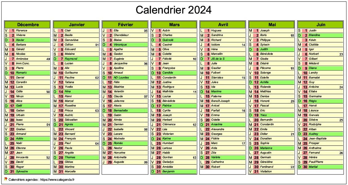 Calendrier 2024 semestriel de sept mois