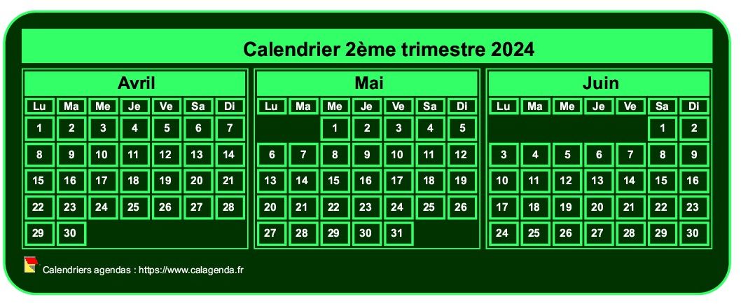Calendrier 2024 à imprimer trimestriel, format mini de poche, fond vert Calendrier 2024 à imprimer trimestriel, format mini de poche, fond vert