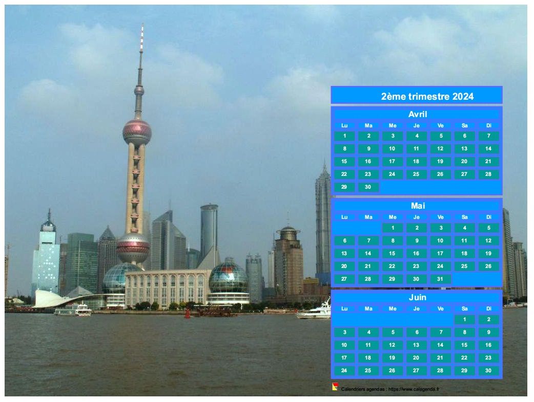 Calendrier 2024 à imprimer trimestriel, format paysage, au dessus de la partie droite d'une photo (Shangaï).