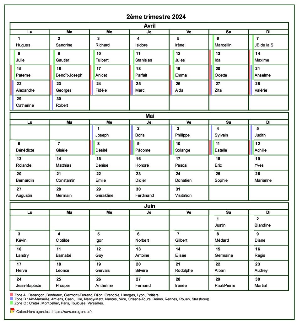 Calendrier 2024 à imprimer trimestriel, format portrait, avec les fêtes et les vacances scolaires Calendrier 2024 à imprimer trimestriel, format portrait, avec les fêtes et les vacances scolaires