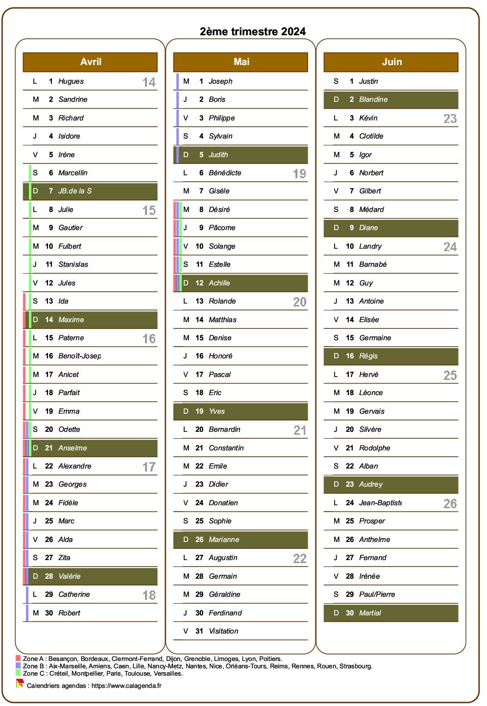 Calendrier 2024 trimestriel avec agenda détaillé, format portrait, une colonne par mois