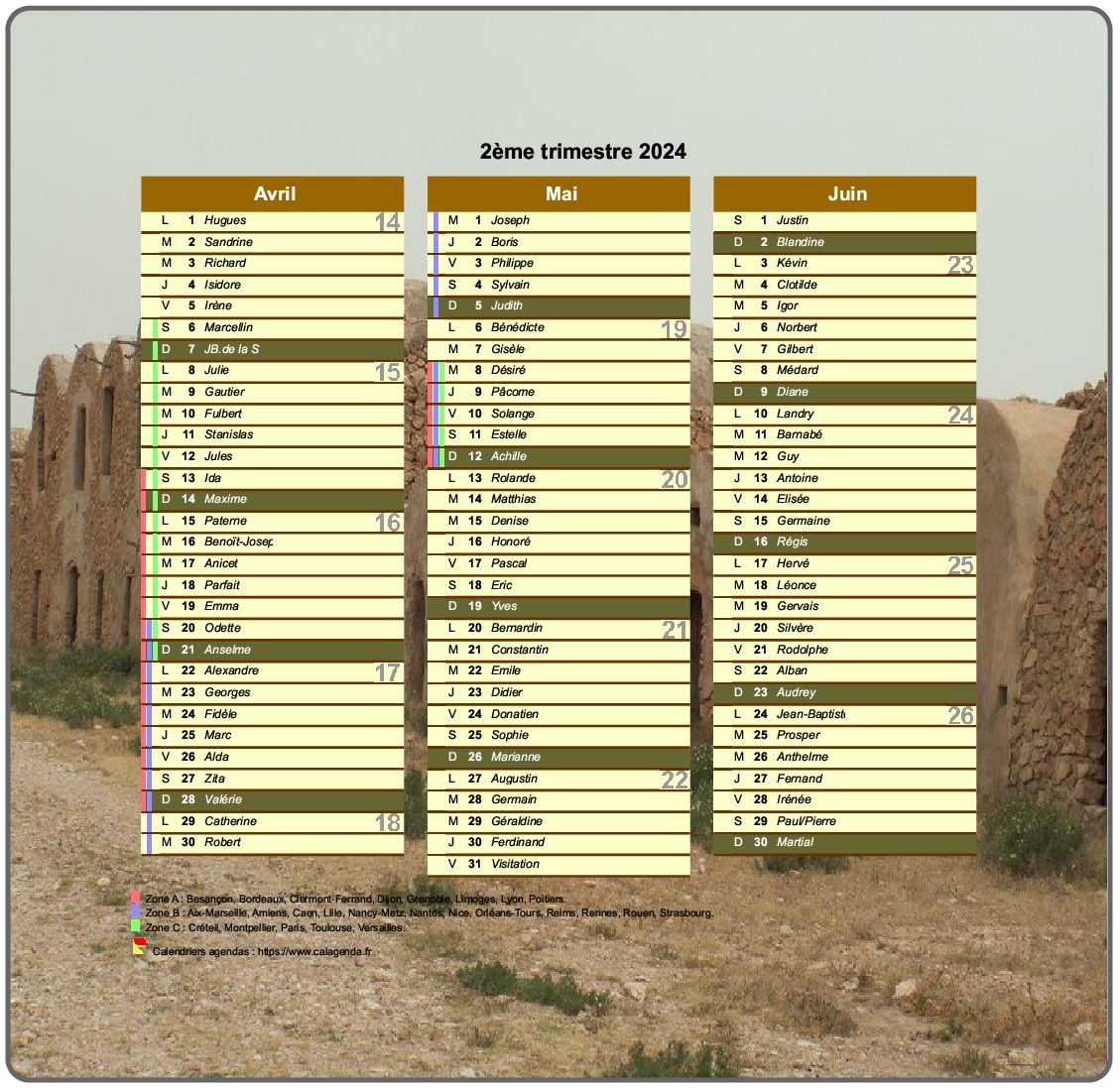 Calendrier 2024 trimestriel décoratif avec photo, format portrait, une colonne par mois