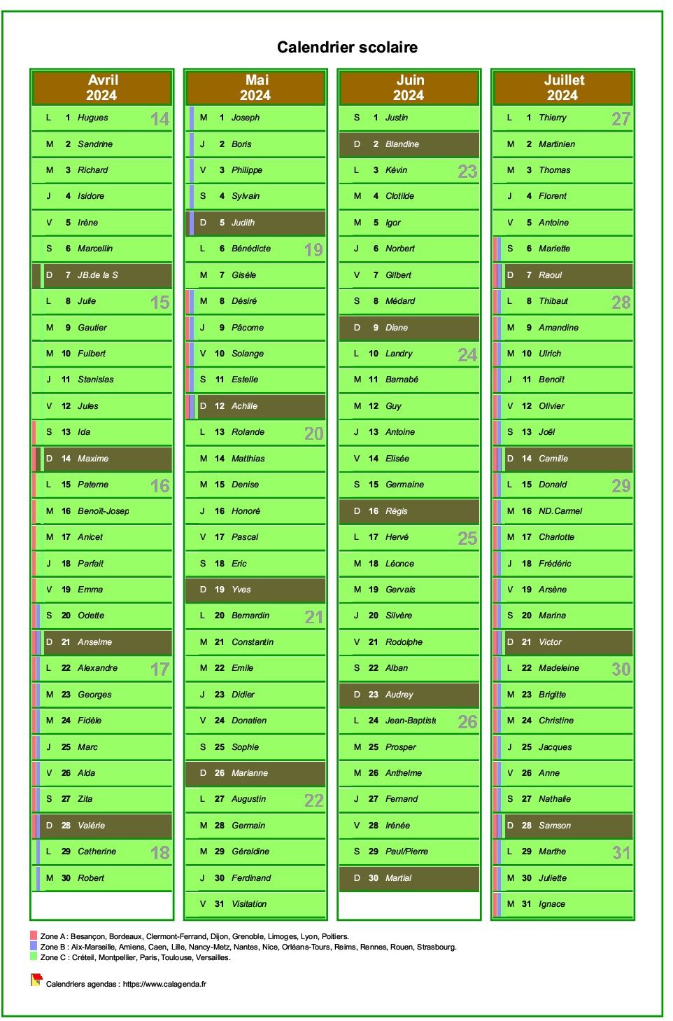 Modèle par défaut du calendrier agenda trimestriel scolaire, une colonne par mois