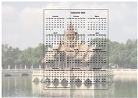 Calendrier annuel à imprimer, format paysage, une ligne par trimestre, incrusté au centre d'une photo