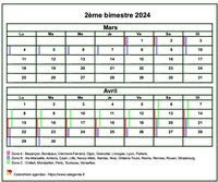 Calendrier 2024 à imprimer bimestriel, format mini de poche, avec les vacances scolaires