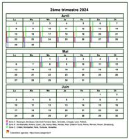 Calendrier 2024 à imprimer trimestriel, format mini de poche, avec les vacances scolaires