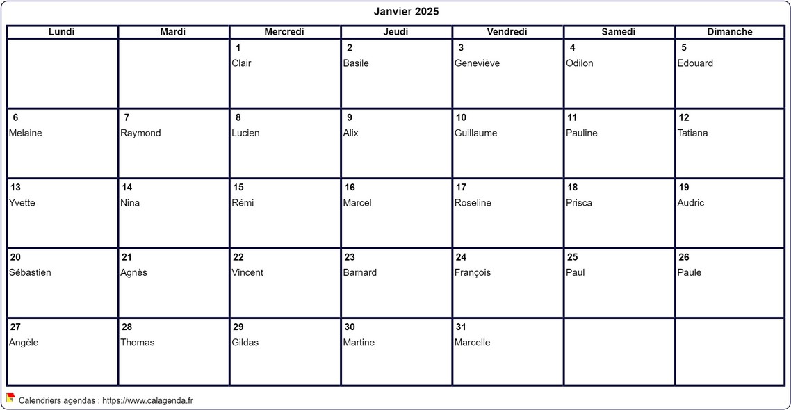 Calendrier janvier 2025 à imprimer vierge, avec les fêtes