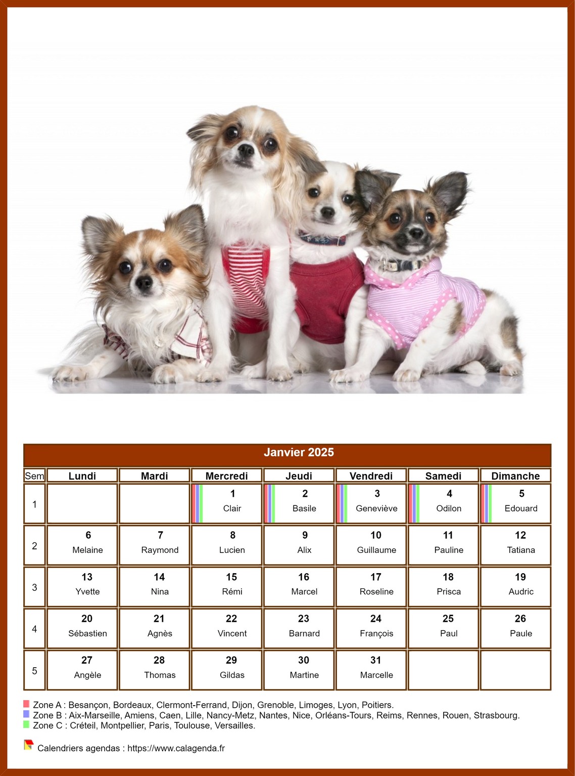 Calendrier janvier 2025 chiens