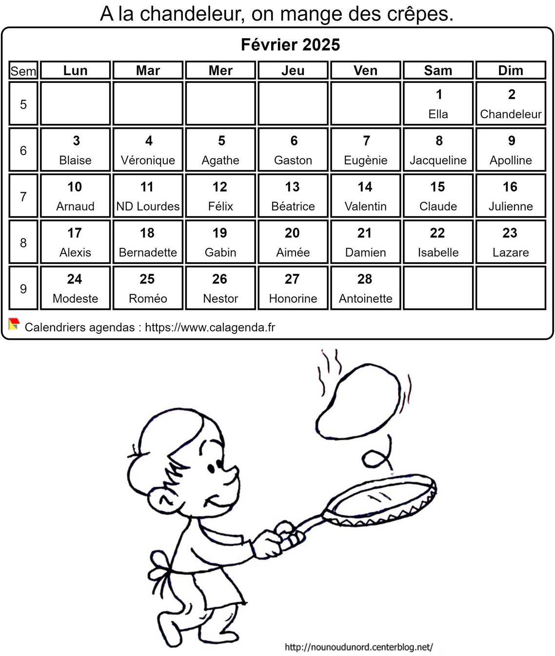 Calendrier 2025 à colorier du mois de février