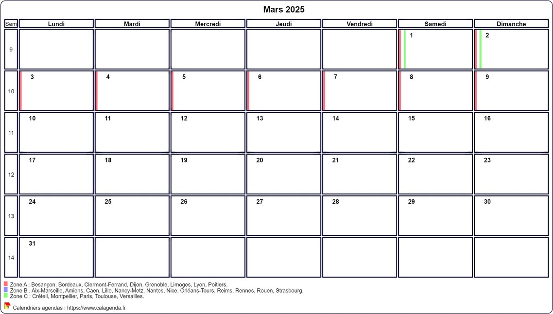 Calendrier mars 2025 personnalisable avec les vacances scolaires