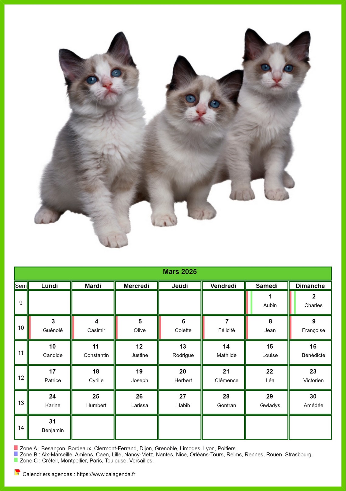 Calendrier mars 2025 chats