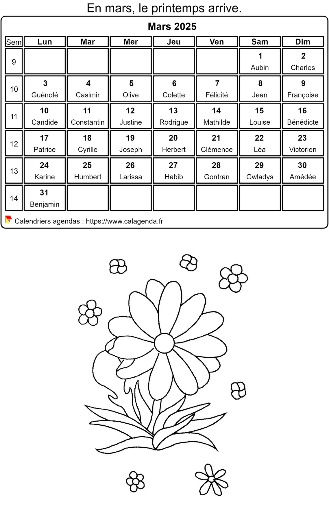 Calendrier 2025 à colorier du mois de mars