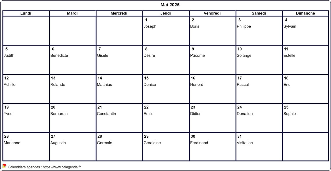 Calendrier mai 2025 à imprimer vierge, avec les fêtes