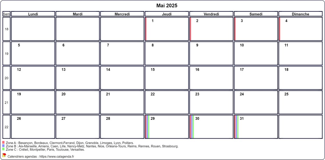Calendrier mai 2025 personnalisable avec les vacances scolaires Calendrier mai 2025 personnalisable avec les vacances scolaires