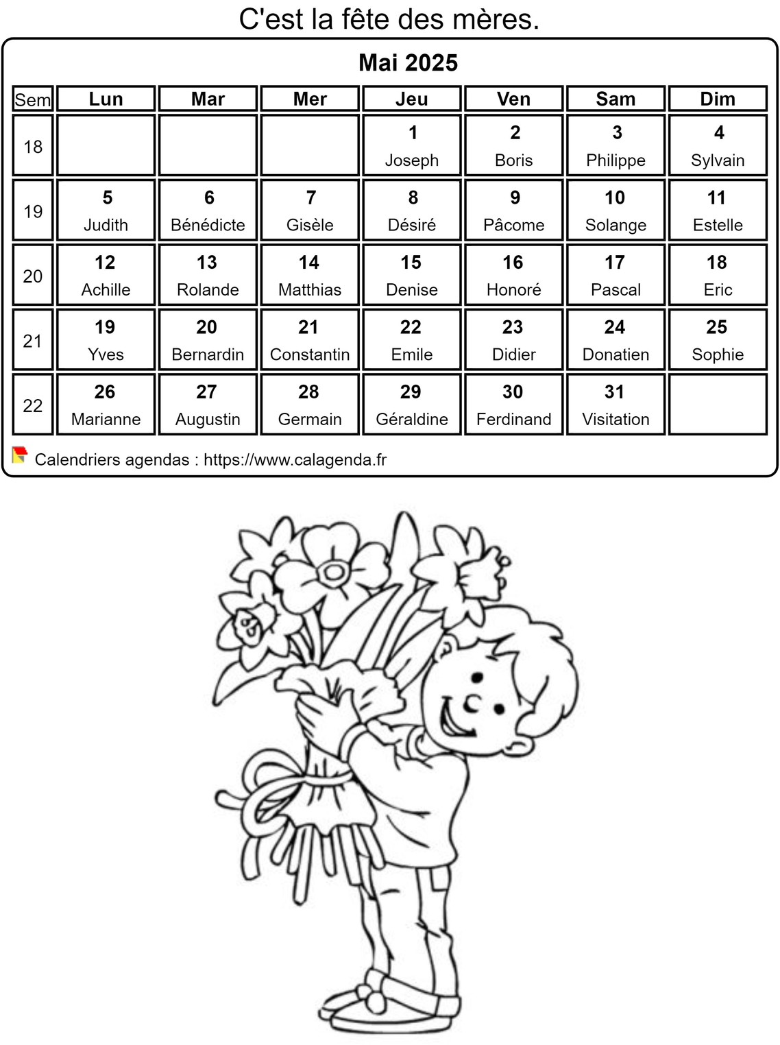 Calendrier 2025 à colorier du mois de mai