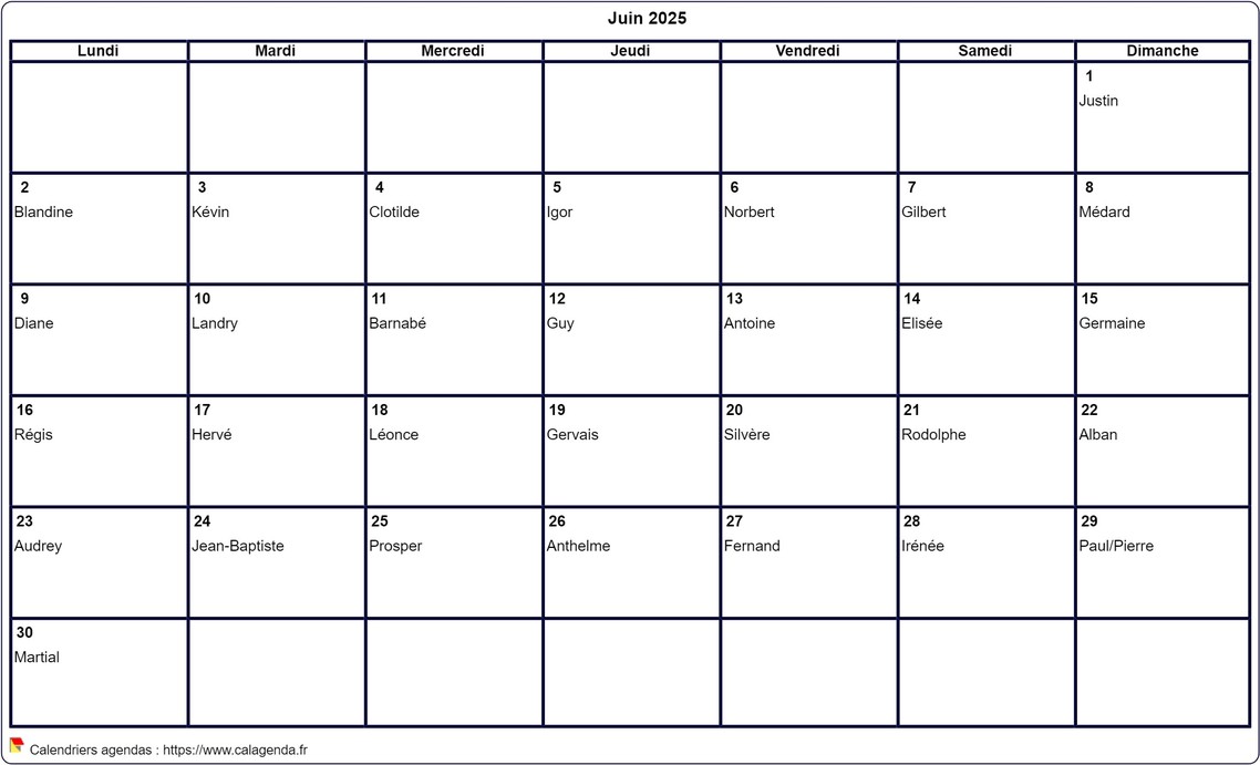 Calendrier juin 2025 à imprimer vierge, avec les fêtes