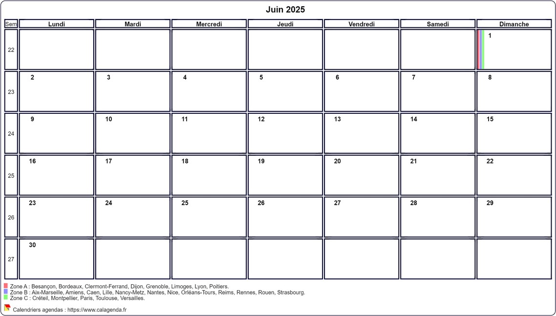 Calendrier juin 2025 personnalisable avec les vacances scolaires