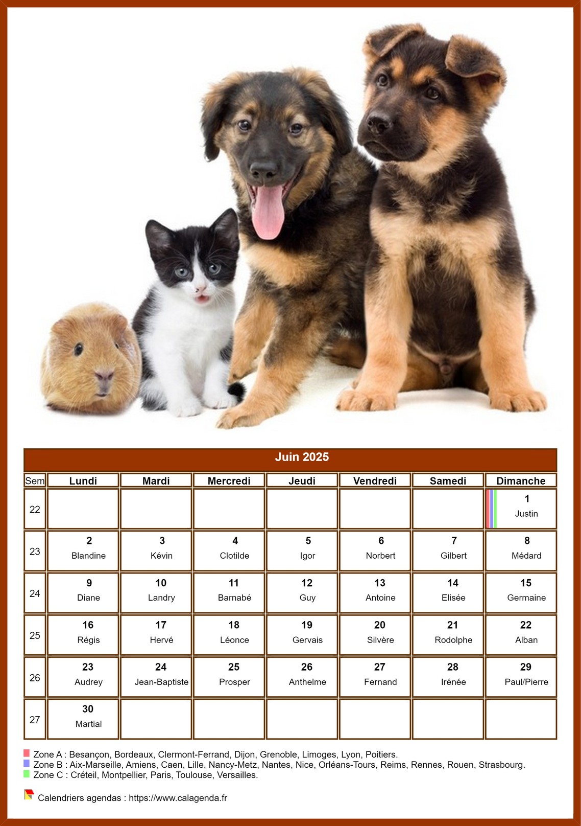 Calendrier juin 2025 chiens