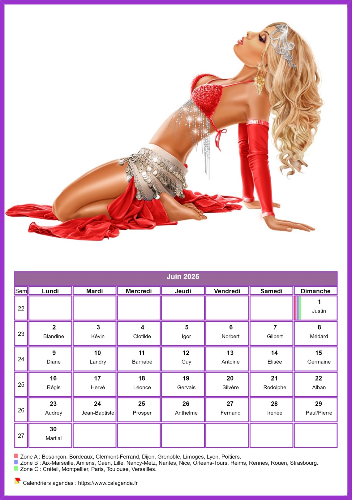Calendrier juin 2025 femmes