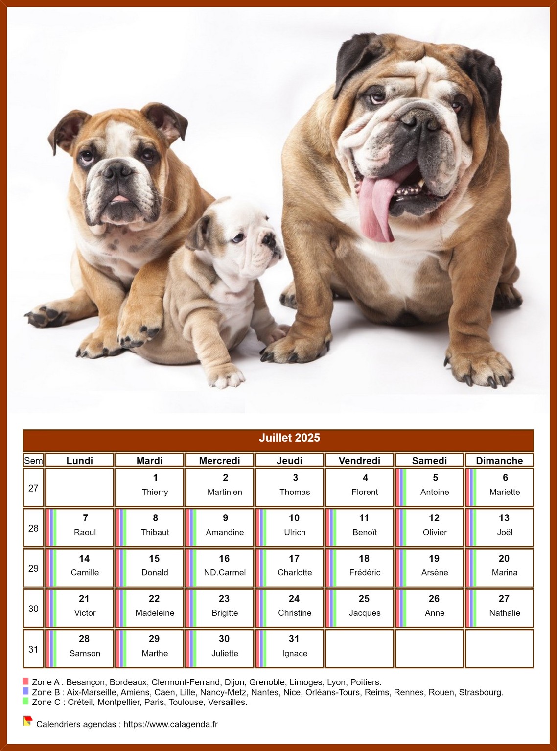 Calendrier juillet 2025 chiens